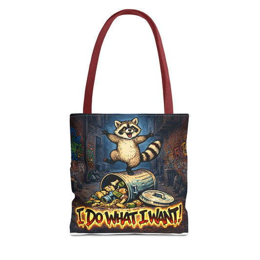 Rebellious Raccoon dancing on trash can Tote Bag – "I Do What I Want!" Graphic Tote