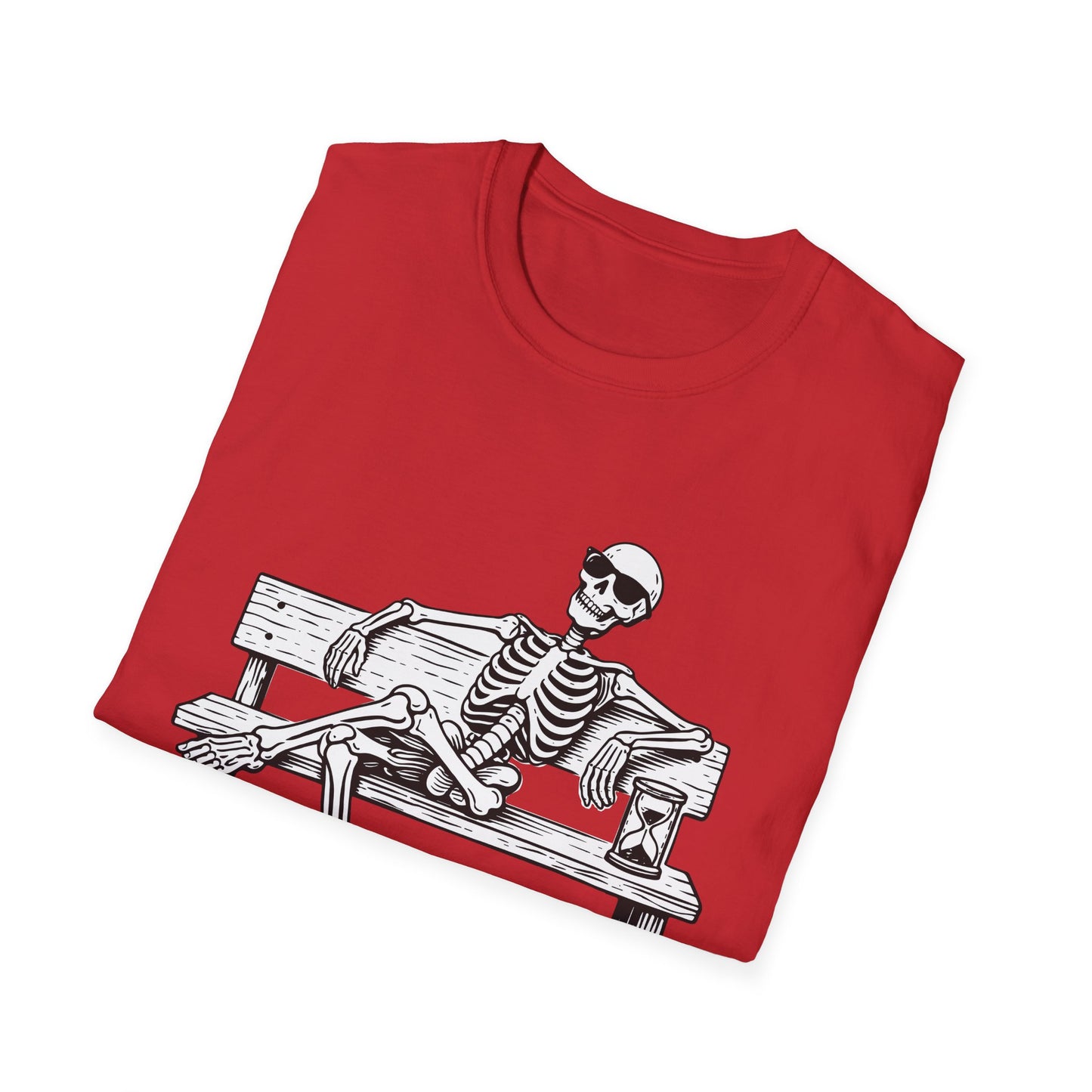 Skeleton on Bench "I Can Wait" - Funny Halloween/Anytime Relaxed T-Shirt