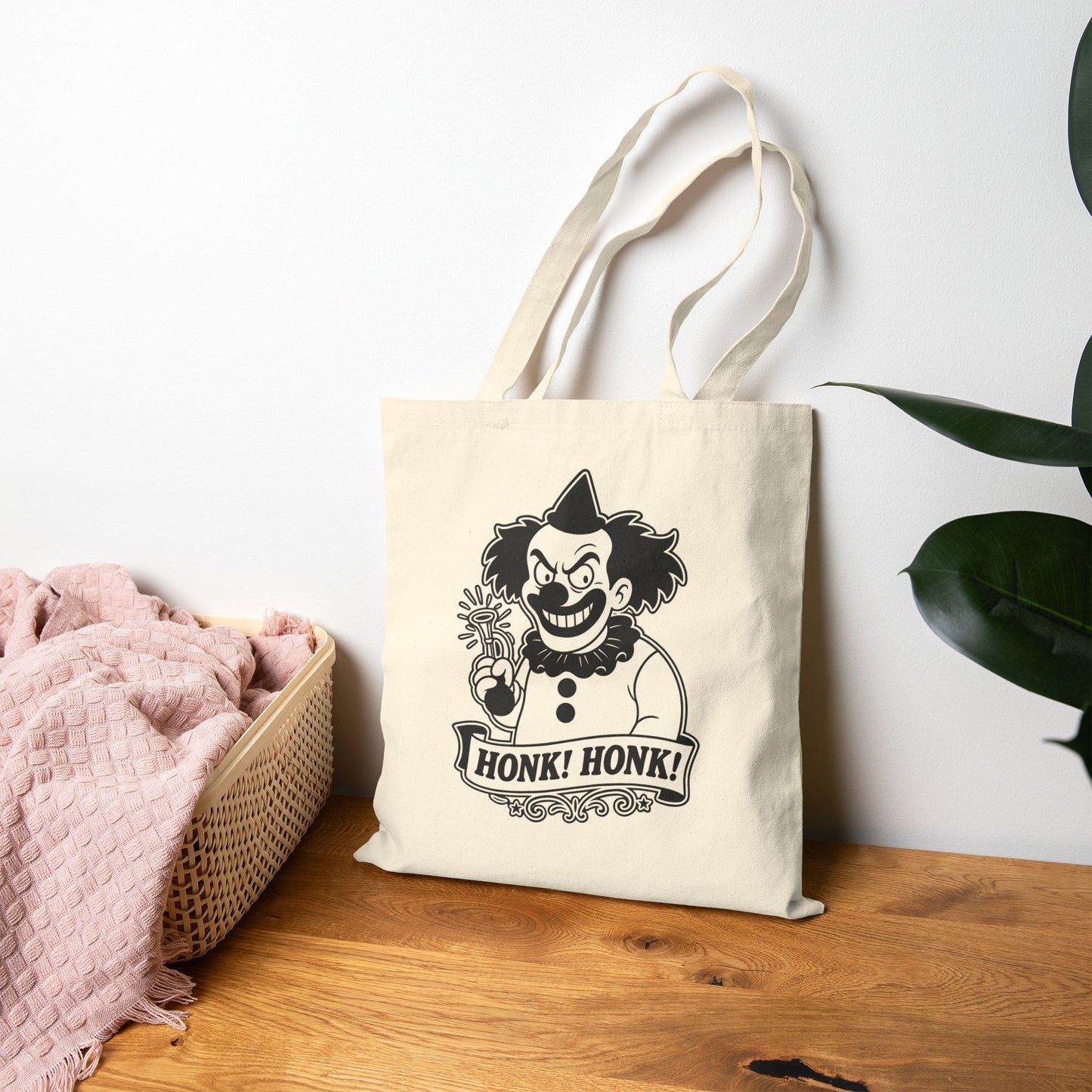 Creepy Clown Retro Canvas Tote Bag — "Honk! Honk!" Graphic Cotton Tote