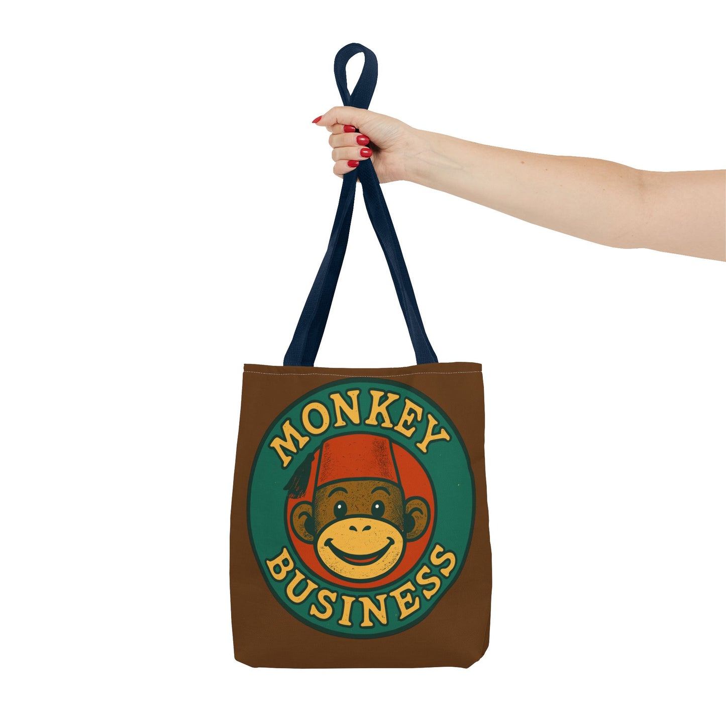 Monkey Business Tote Bag | Retro Monkey Logo, Brown All-Over Print