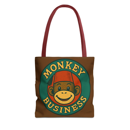 Monkey Business Tote Bag | Retro Monkey Logo, Brown All-Over Print