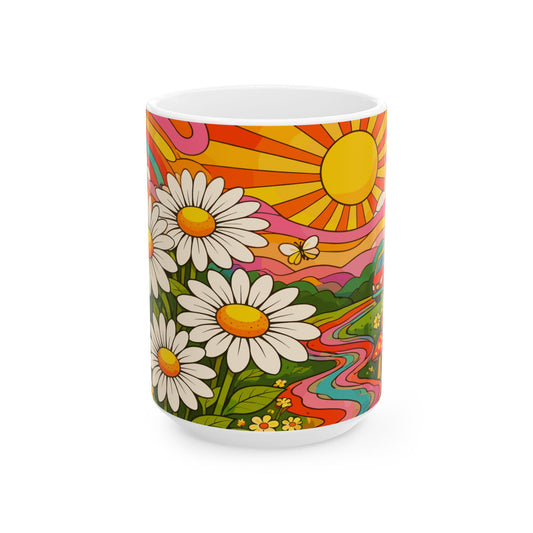 Retro Daisy Sunrise Ceramic Mug — 11oz & 15oz Groovy Floral Coffee Cup