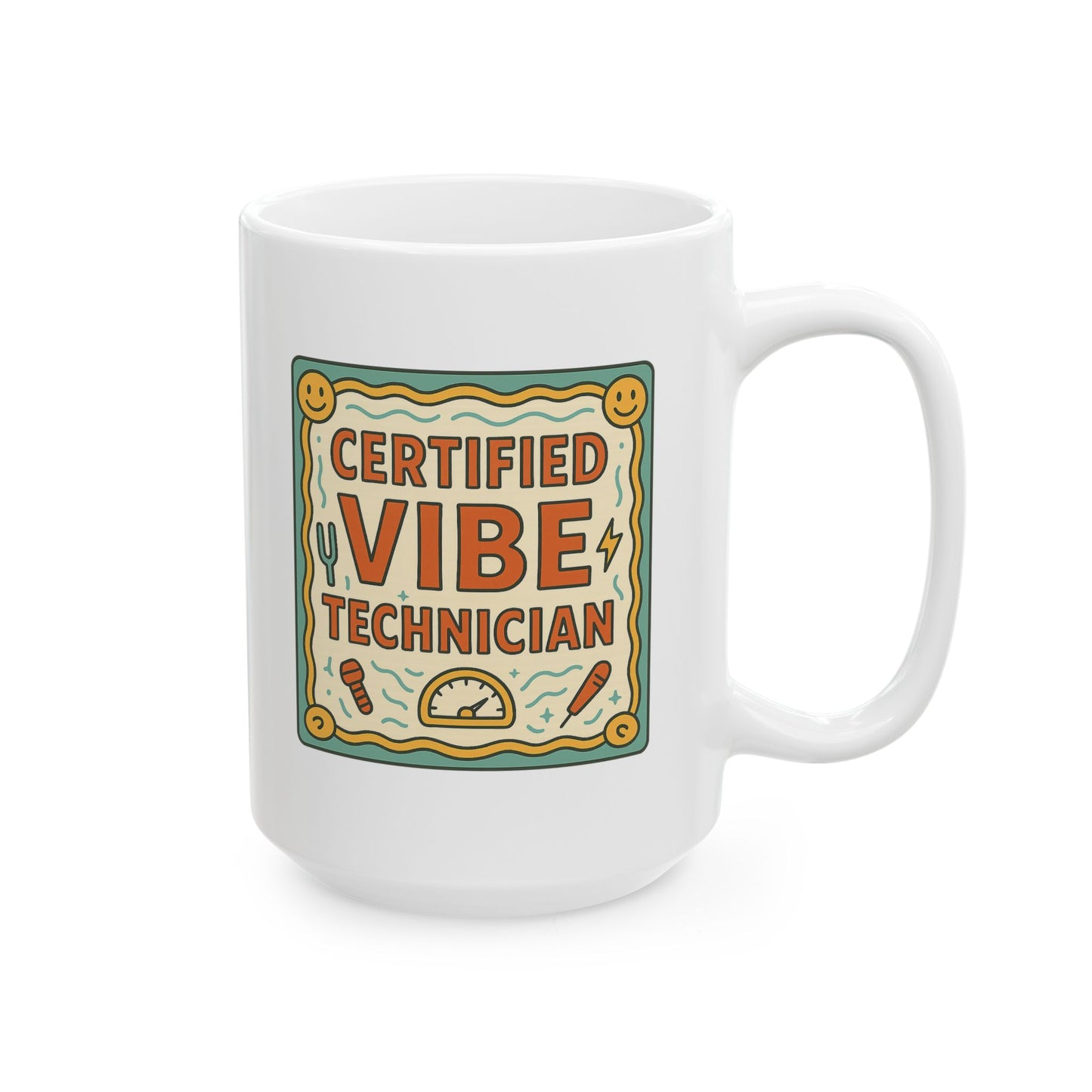 Ceramic Mug — Retro Smiley 'Good Vibes' Coffee Cup (11oz/15oz)