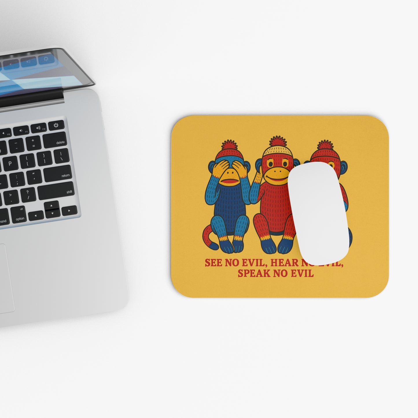 See No Evil Sock Monkey Mouse Pad - Retro Three Wise Monkeys Desk Mat