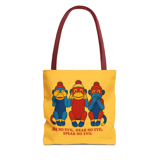 See No Evil Monkey Retro Sock Monkey Tote Bag — Colorful AOP