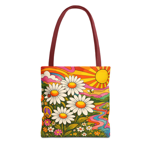 Retro Daisy Sunset Tote Bag – 70s Hippie Floral All-Over Print