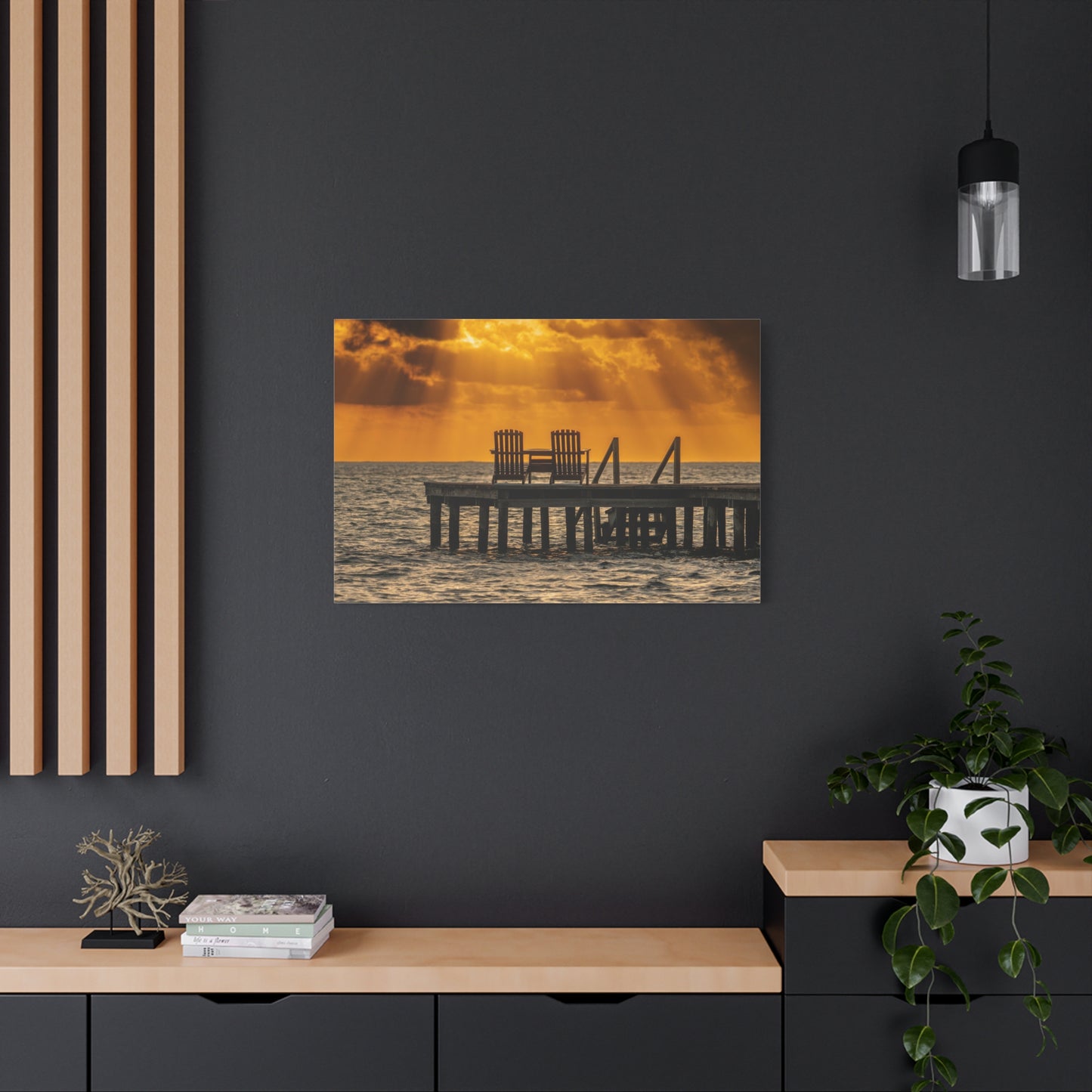 Sunset Dock, Belize Canvas Wall Art — Golden Beach Pier with Chairs