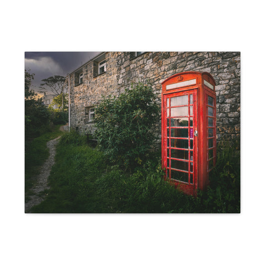 Vintage Red Phone Booth Canvas Wall Art – Rustic Countryside Photography Print