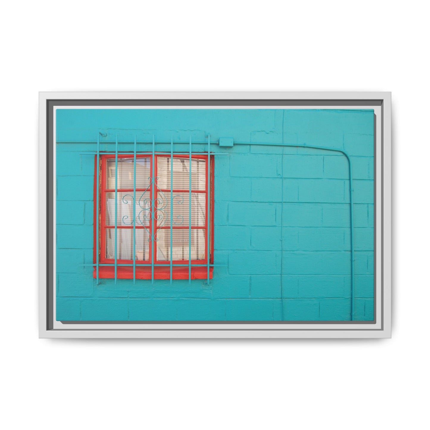 Framed Matte Canvas Print — Turquoise Wall with Red Window