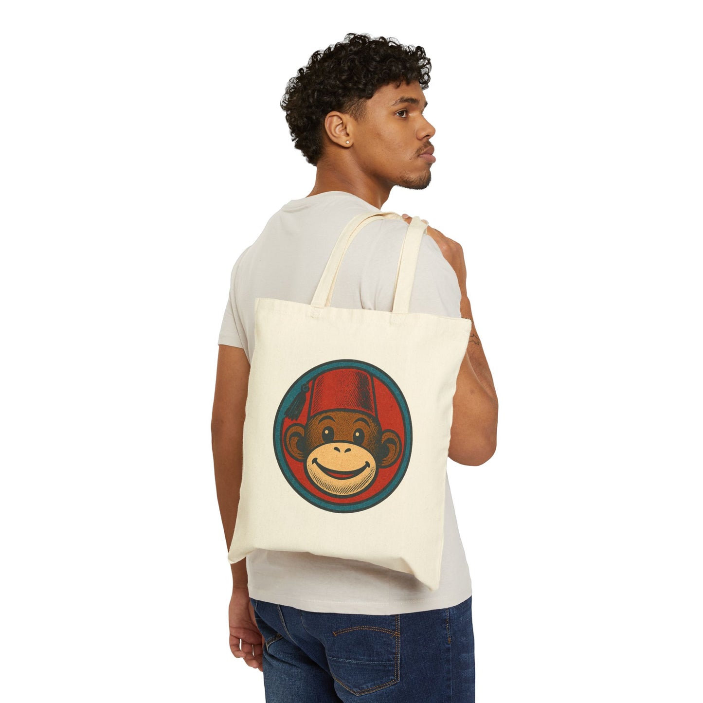 Smiling Monkey with Fez Tote Bag | Retro Cartoon Canvas