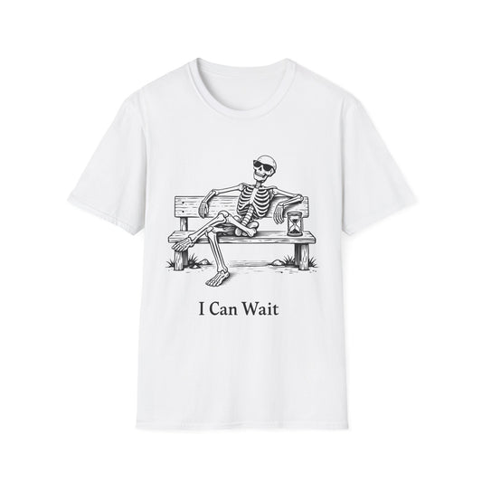 Skeleton on Bench "I Can Wait" - Funny Halloween/Anytime Relaxed T-Shirt