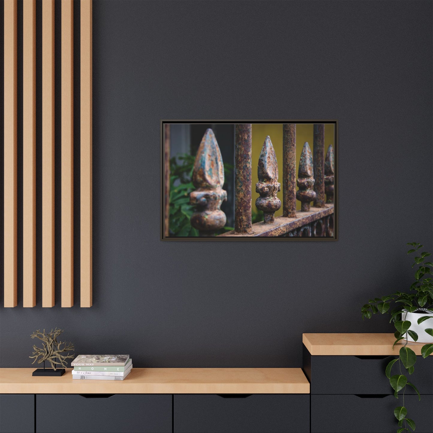 New Orleans Wrought Iron Matte Canvas Framed Wall Art — Rusted Iron Finials