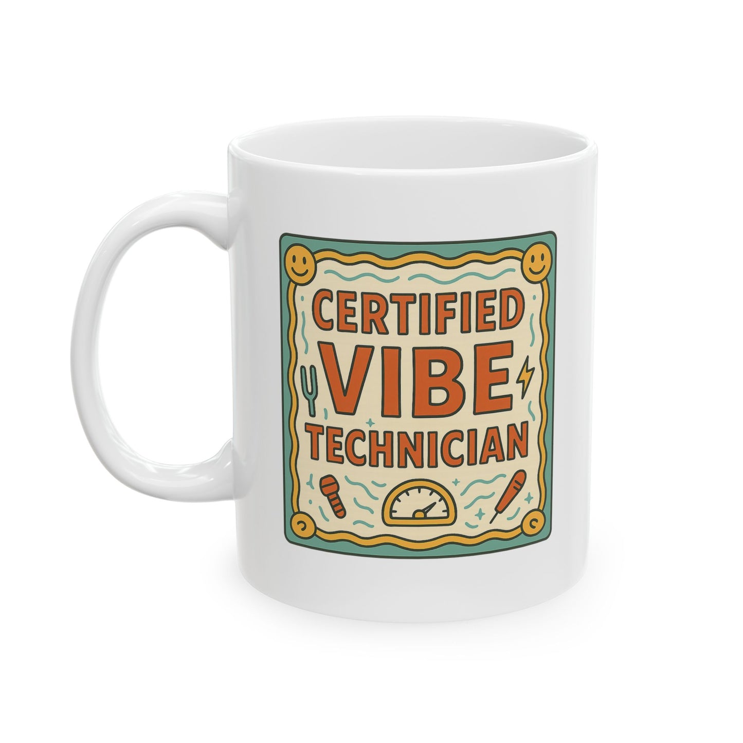 Ceramic Mug — Retro Smiley 'Good Vibes' Coffee Cup (11oz/15oz)