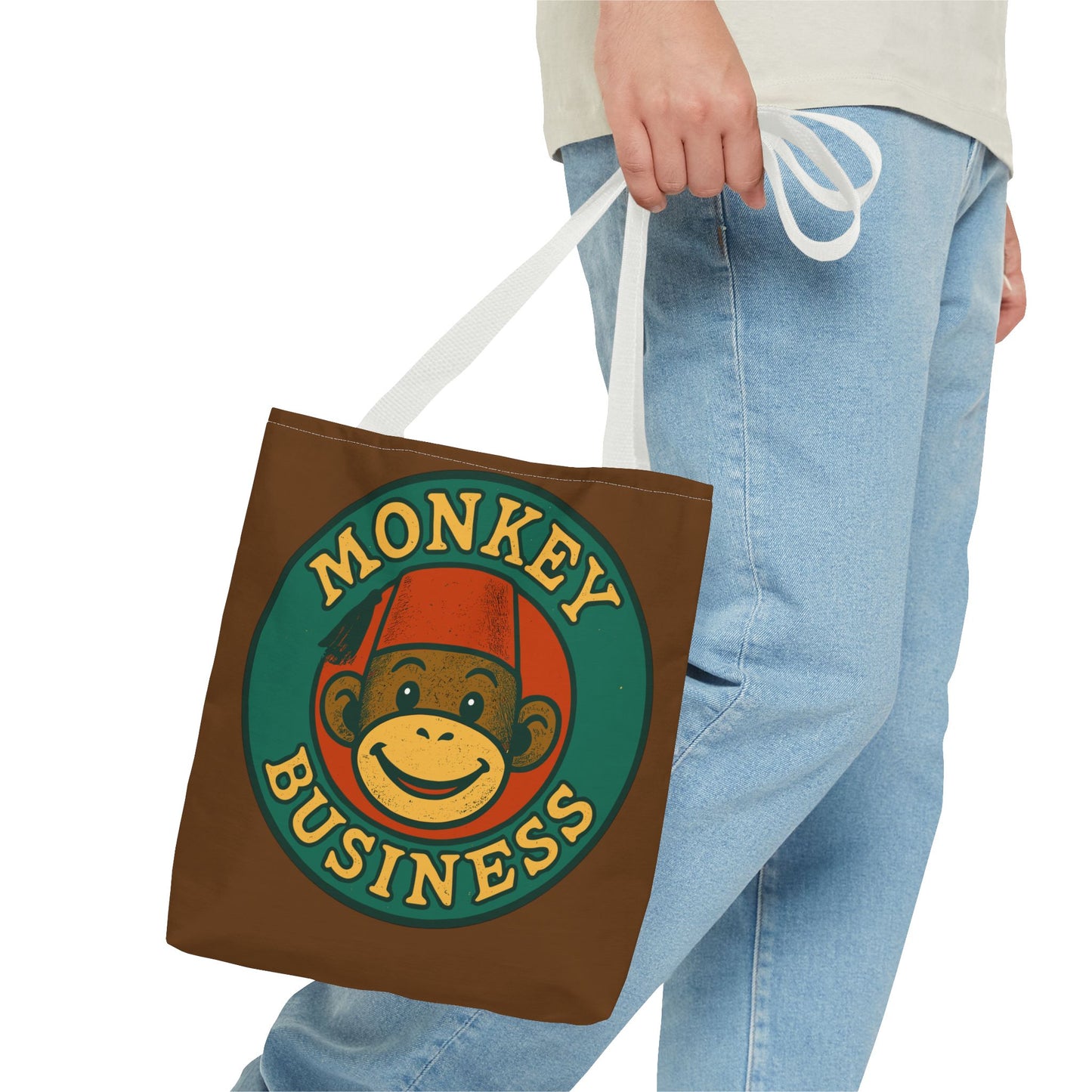 Monkey Business Tote Bag | Retro Monkey Logo, Brown All-Over Print
