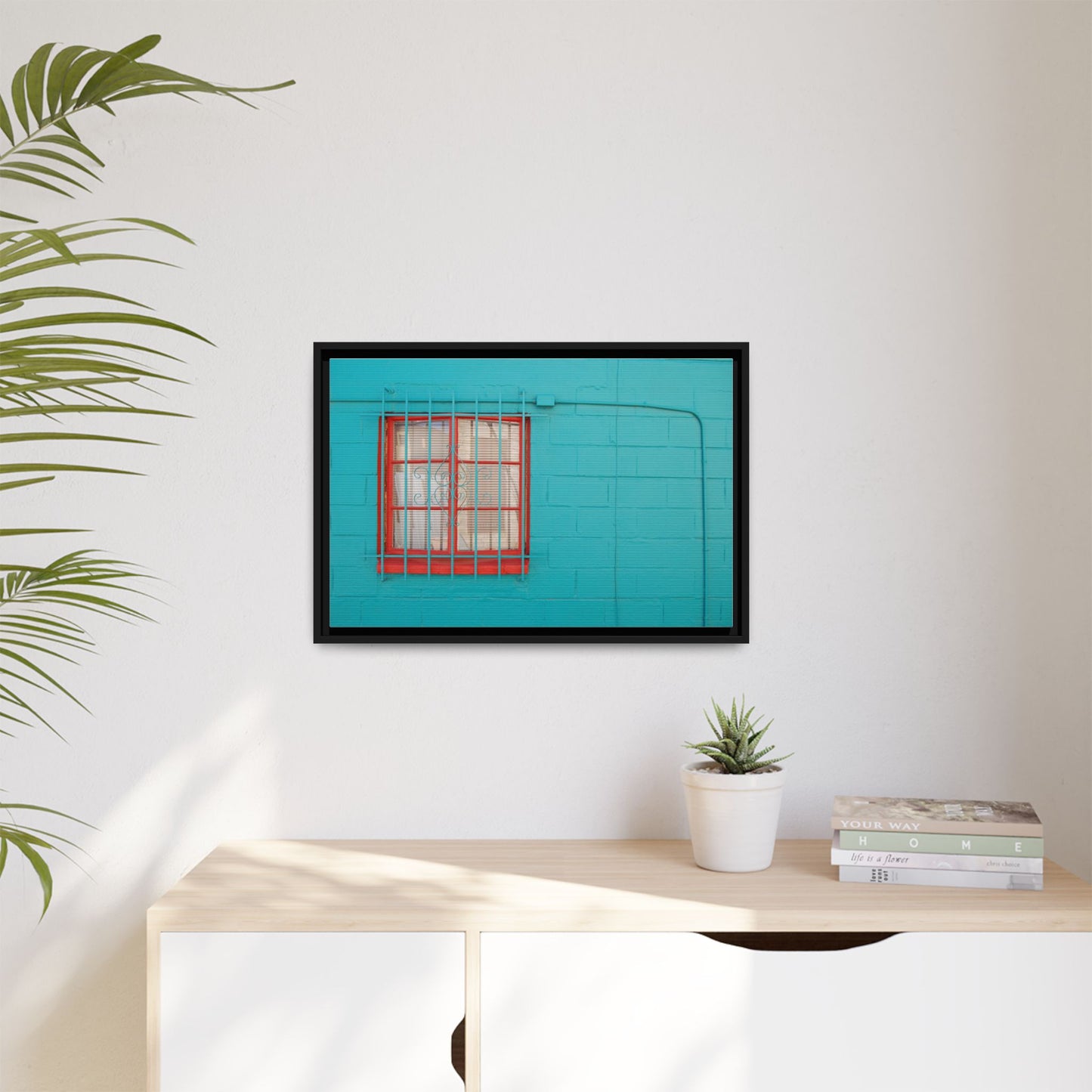 Framed Matte Canvas Print — Turquoise Wall with Red Window