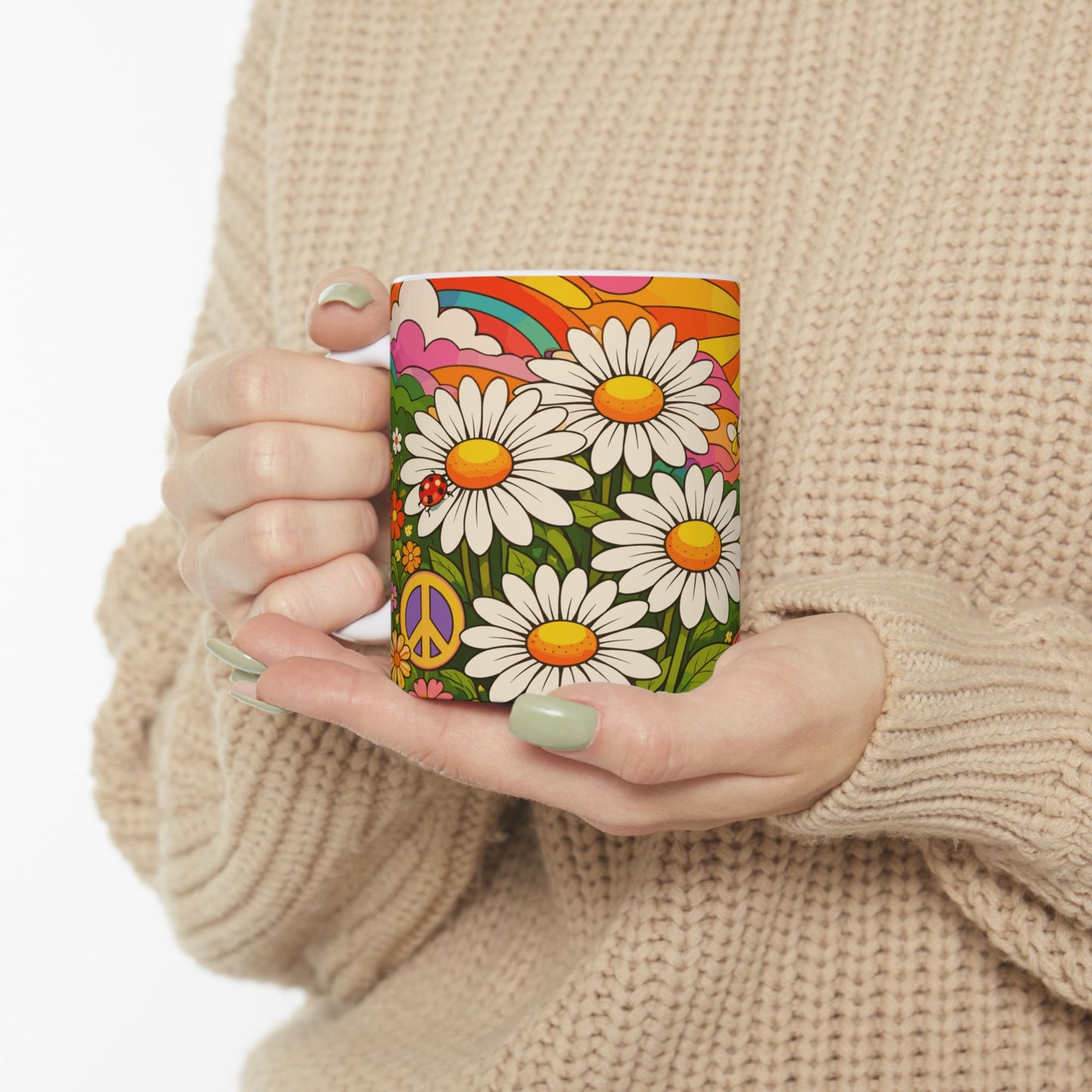 Retro Daisy Sunrise Ceramic Mug — 11oz & 15oz Groovy Floral Coffee Cup
