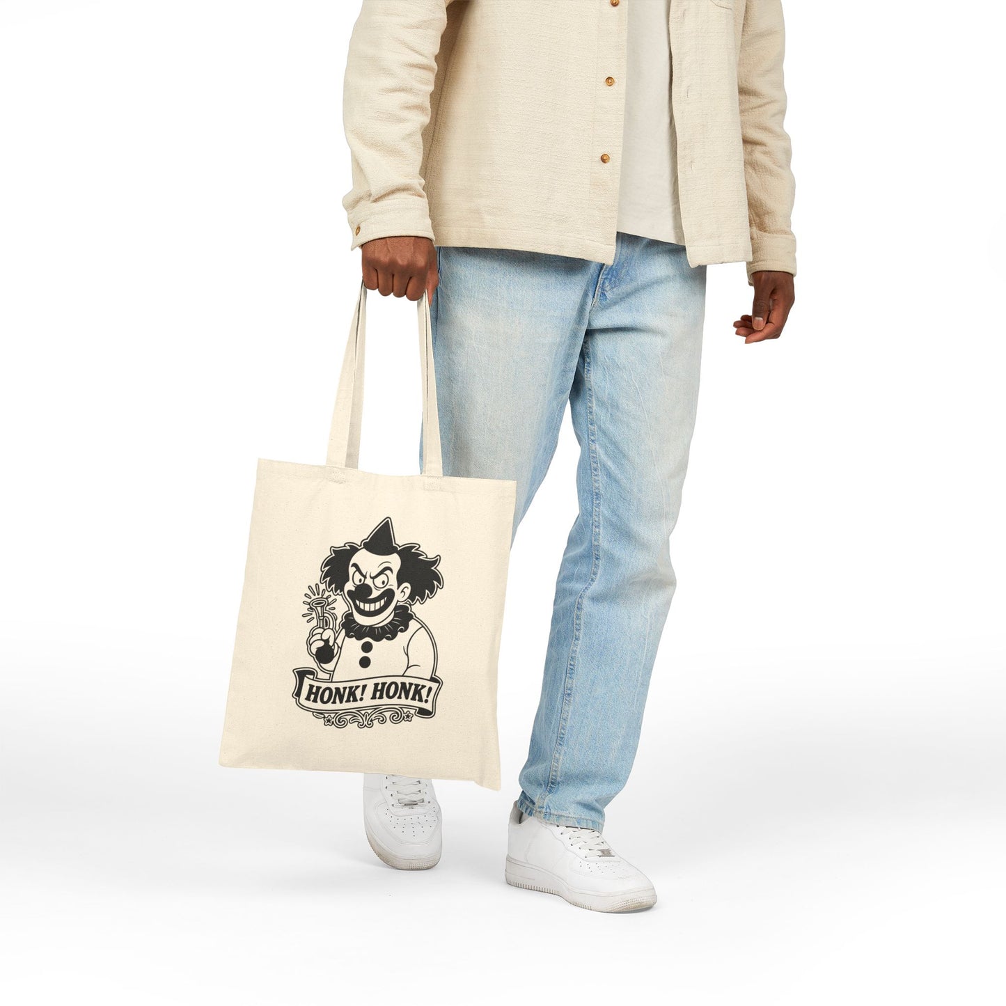 Creepy Clown Retro Canvas Tote Bag — "Honk! Honk!" Graphic Cotton Tote