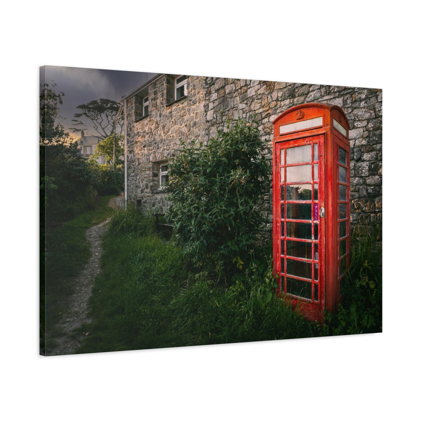 Vintage Red Phone Booth Canvas Wall Art – Rustic Countryside Photography Print
