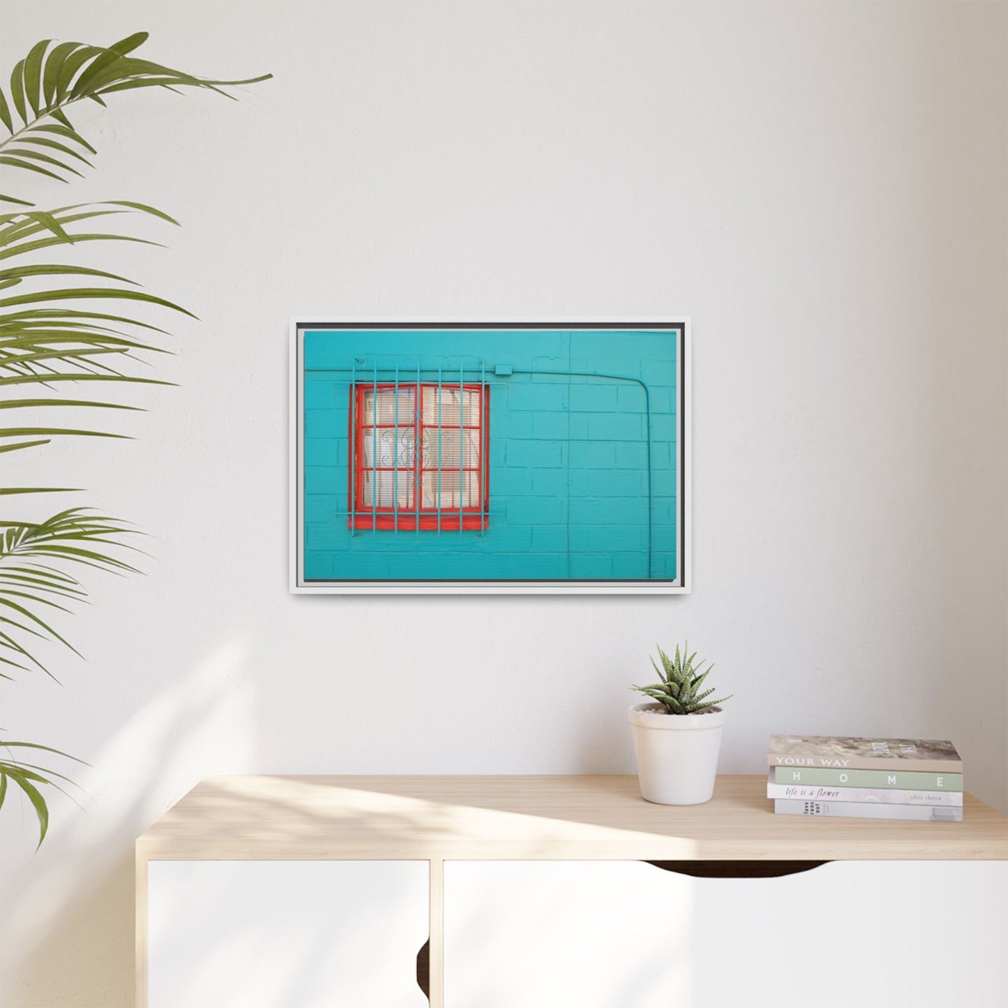 Framed Matte Canvas Print — Turquoise Wall with Red Window