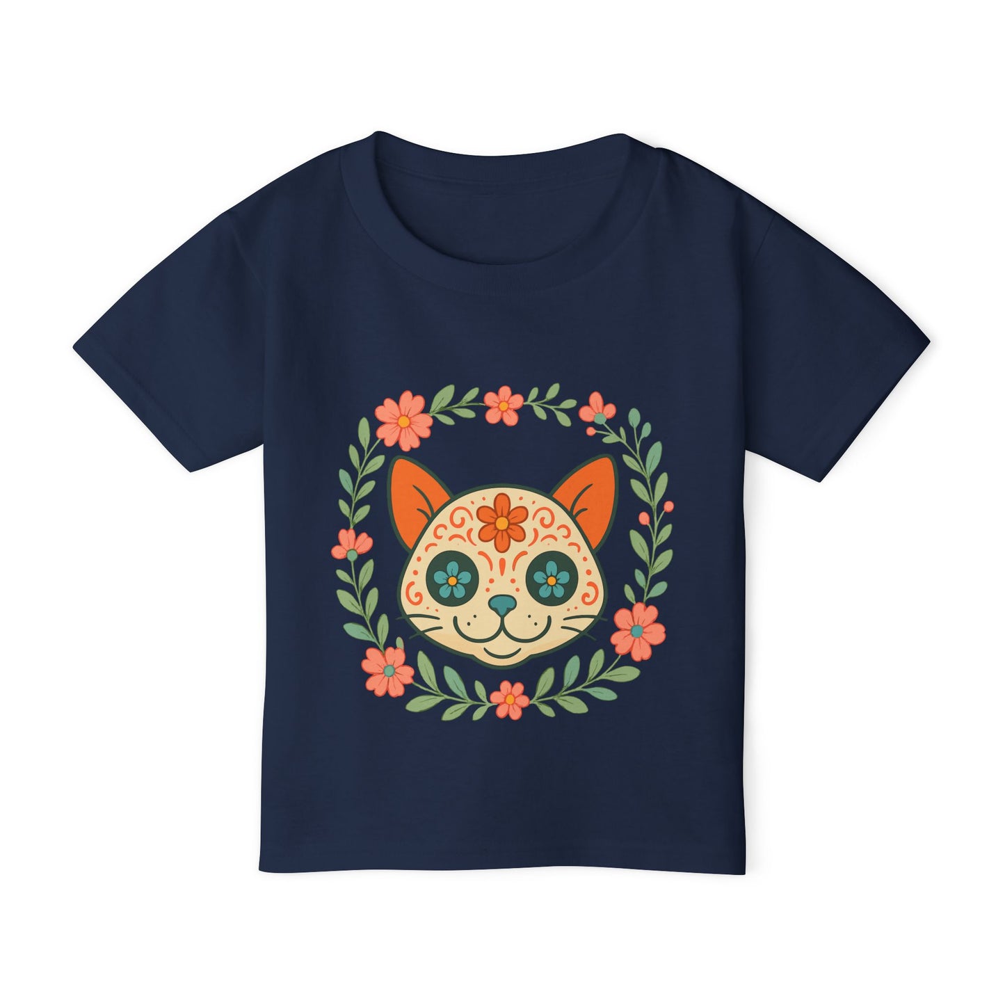 Sugar Skull Cat Toddler T-Shirt — Floral Day of the Dead Kids Tee