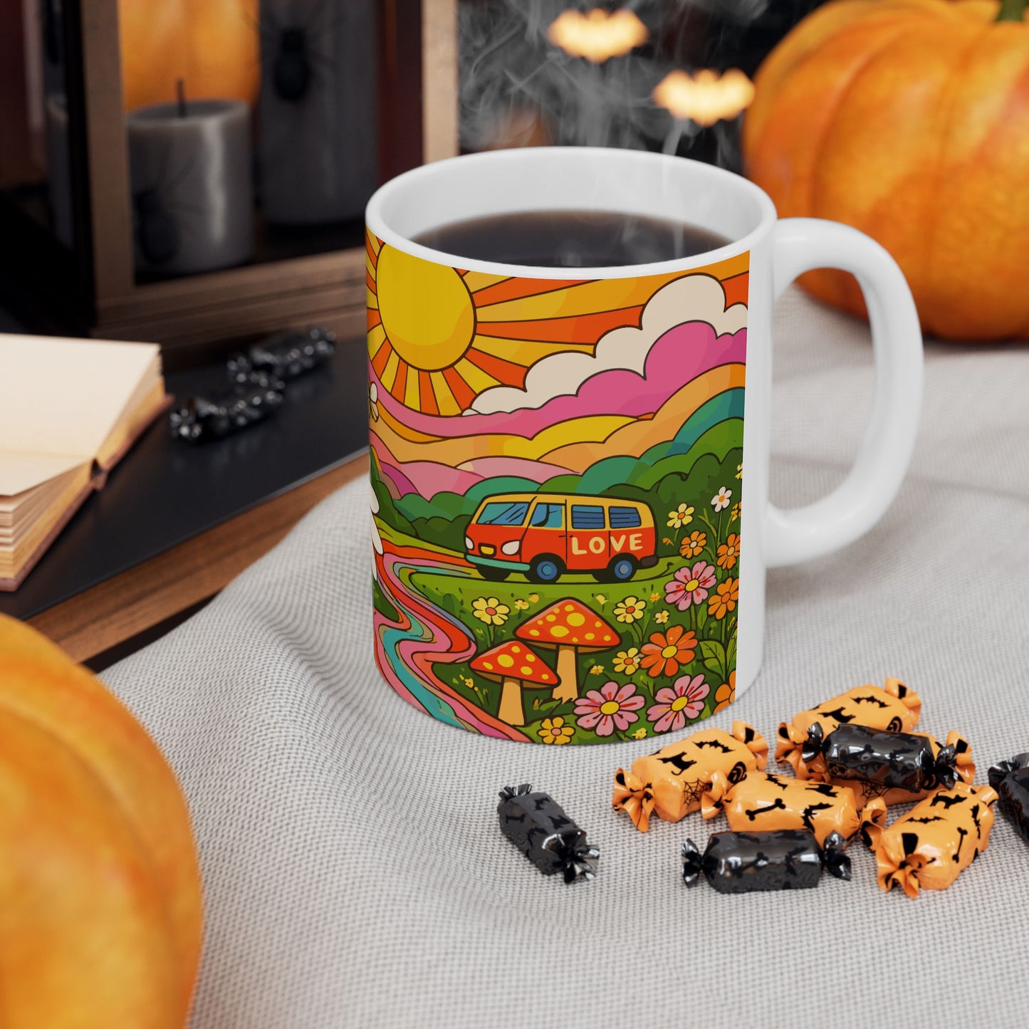 Retro Daisy Sunrise Ceramic Mug — 11oz & 15oz Groovy Floral Coffee Cup