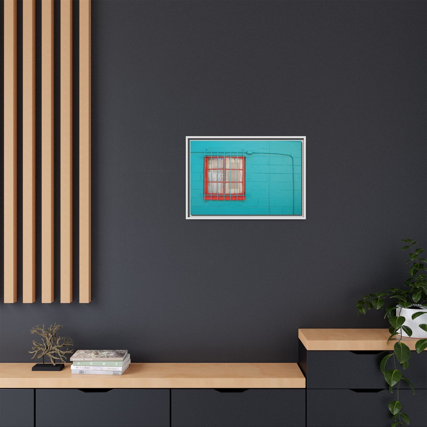 Framed Matte Canvas Print — Turquoise Wall with Red Window