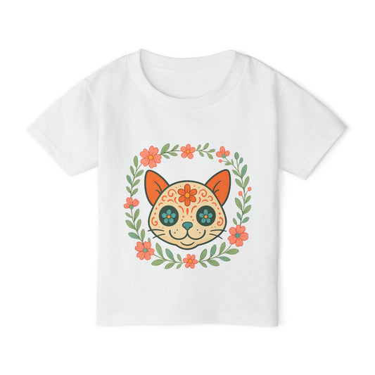 Sugar Skull Cat Toddler T-Shirt — Floral Day of the Dead Kids Tee