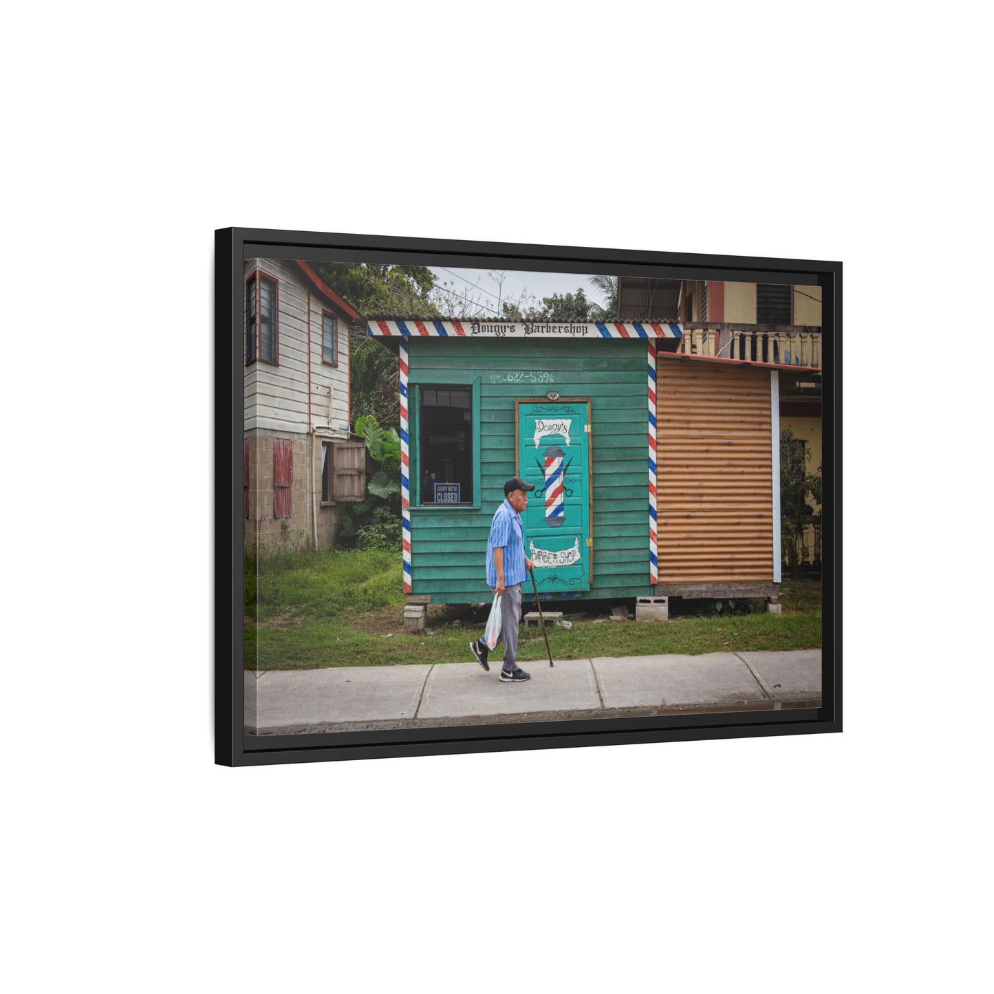 San Ignacio Street Scene Matte Canvas Print — Framed Belize Barber Shop Artwork