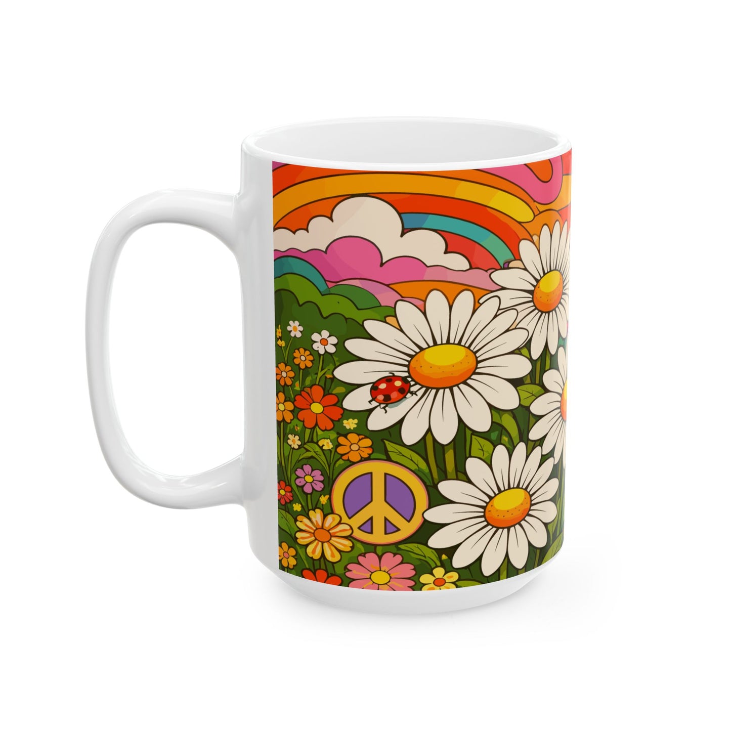 Retro Daisy Sunrise Ceramic Mug — 11oz & 15oz Groovy Floral Coffee Cup