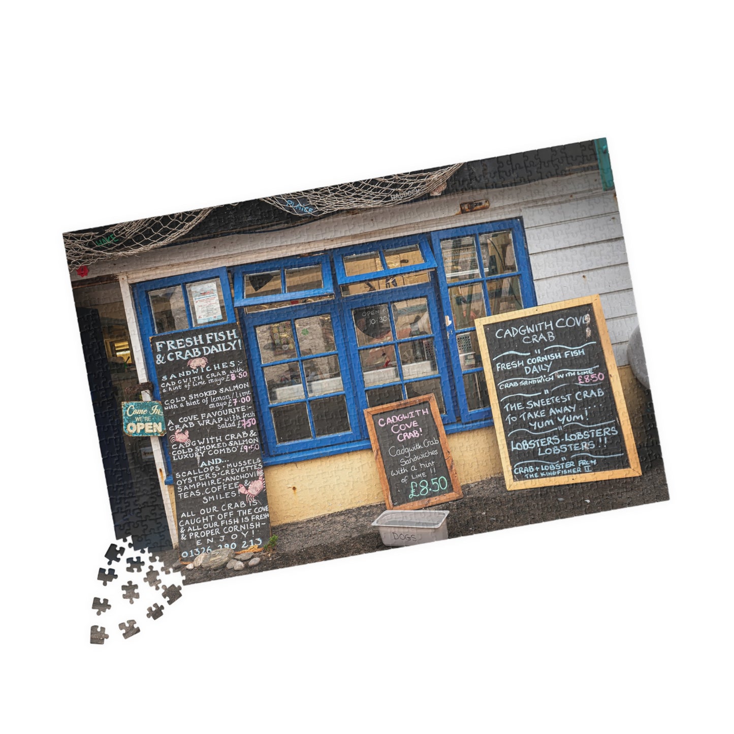 Cadgwith Cornwall UK Fish Shop Jigsaw Puzzle - Coastal Chalkboard Menu Scene (110–1014 pcs)
