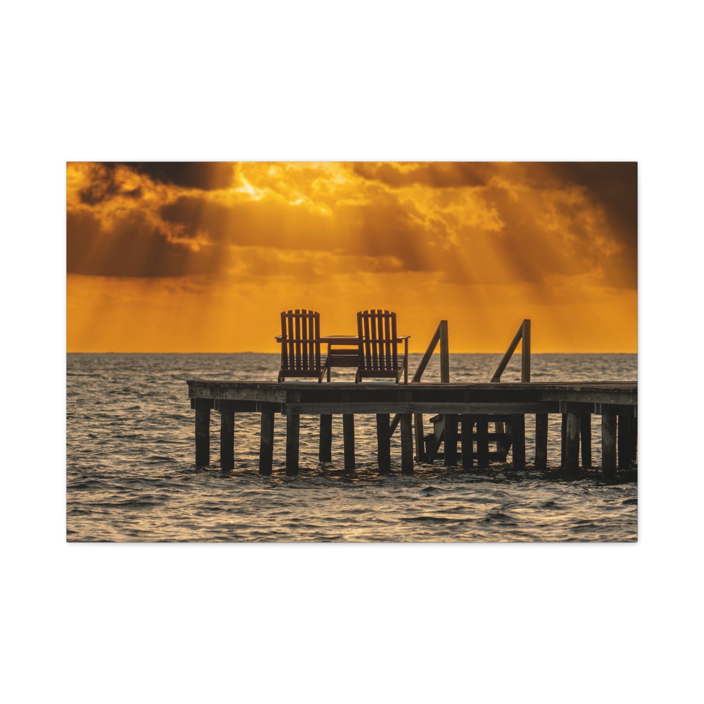 Sunset Dock, Belize Canvas Wall Art — Golden Beach Pier with Chairs