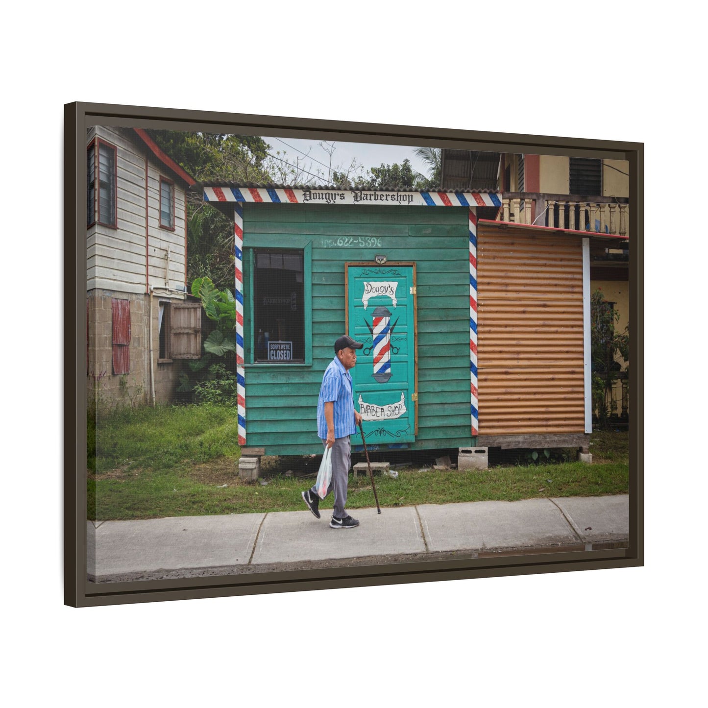 San Ignacio Street Scene Matte Canvas Print — Framed Belize Barber Shop Artwork