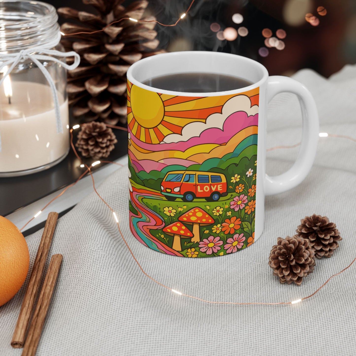 Retro Daisy Sunrise Ceramic Mug — 11oz & 15oz Groovy Floral Coffee Cup