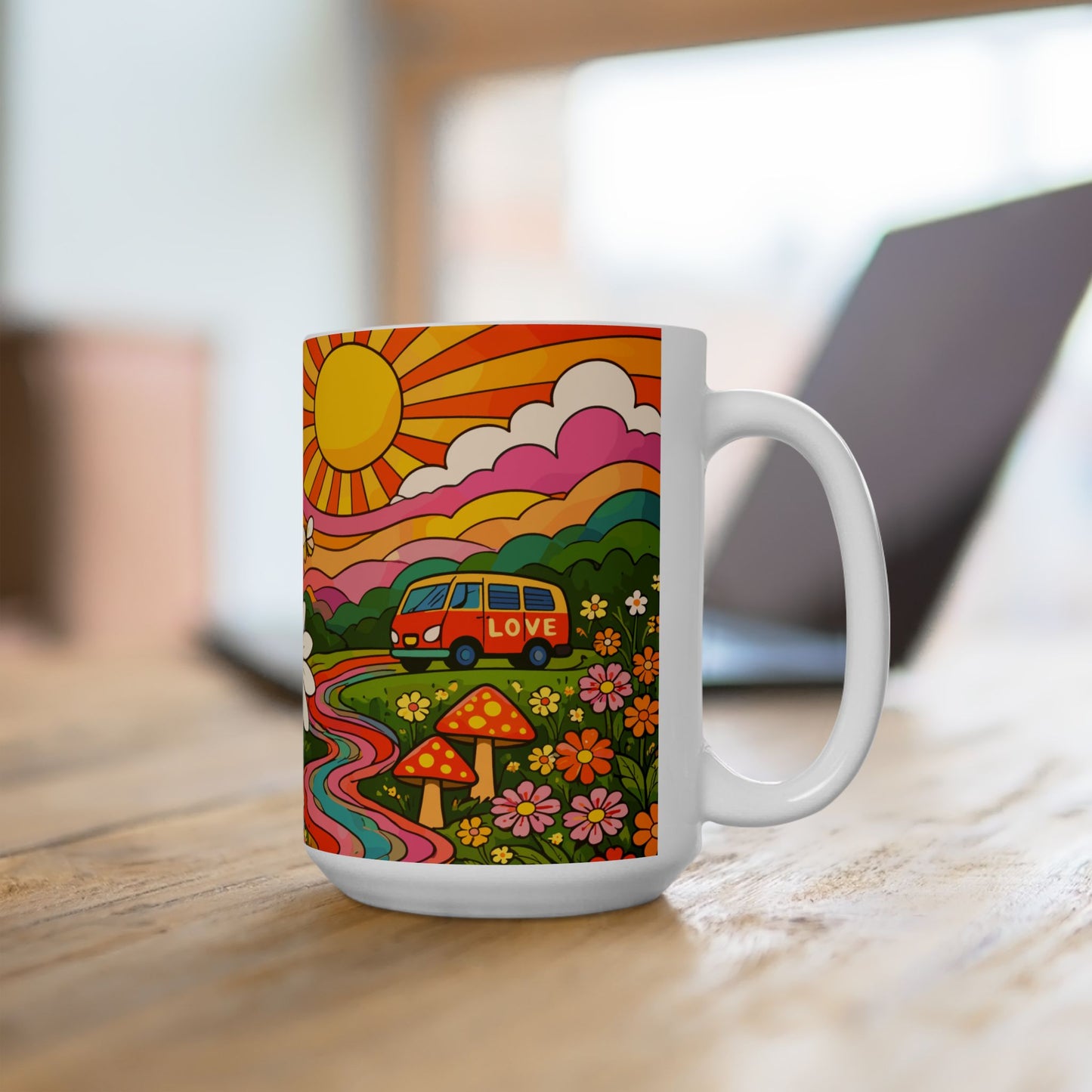 Retro Daisy Sunrise Ceramic Mug — 11oz & 15oz Groovy Floral Coffee Cup