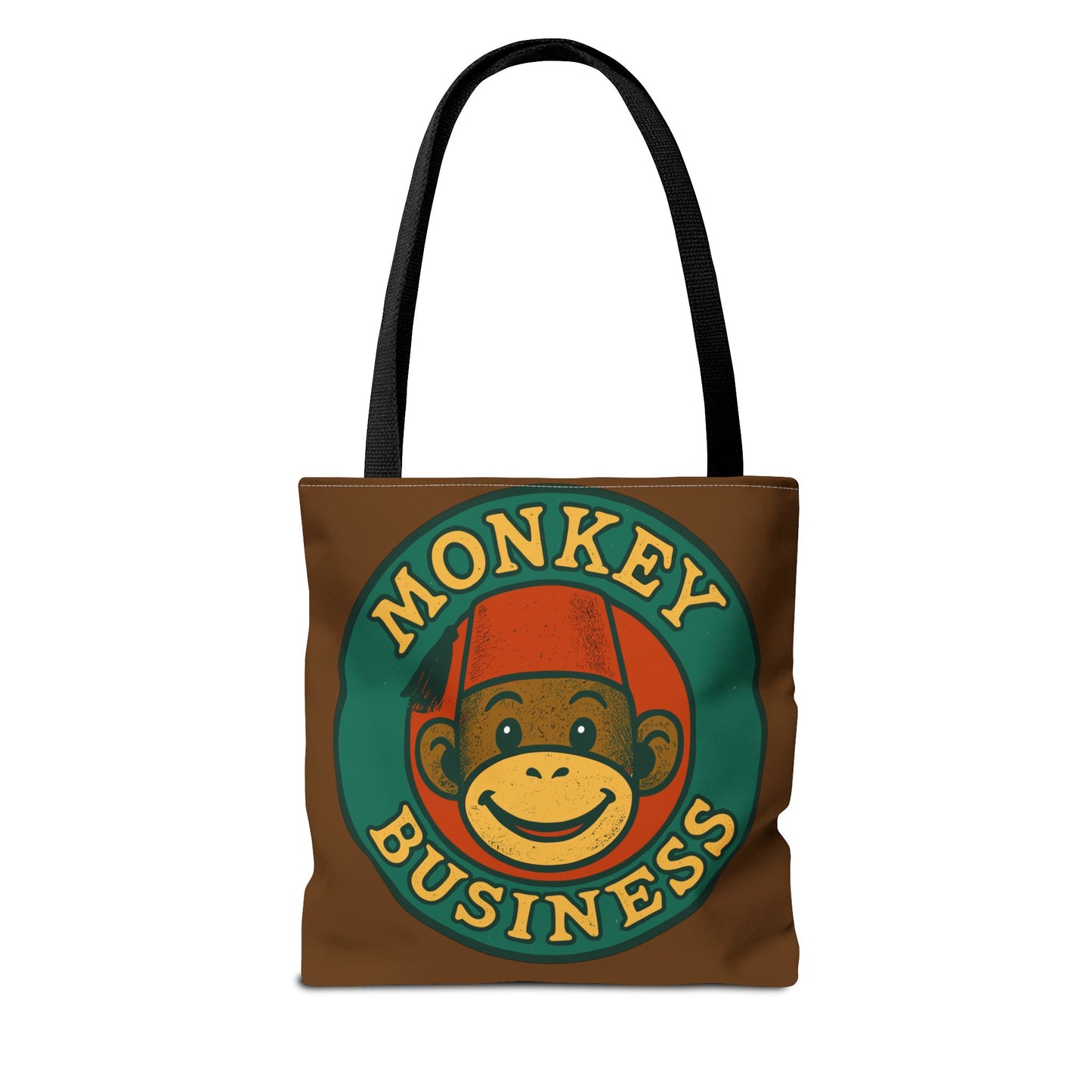 Monkey Business Tote Bag | Retro Monkey Logo, Brown All-Over Print