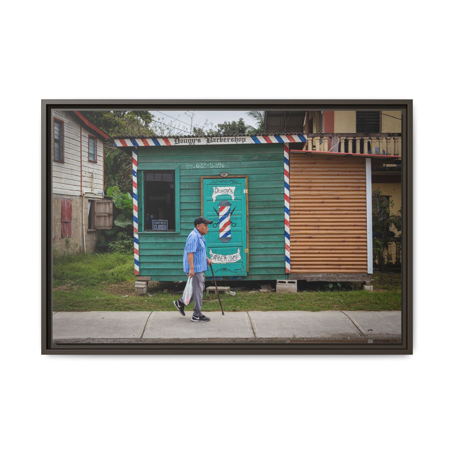 San Ignacio Street Scene Matte Canvas Print — Framed Belize Barber Shop Artwork