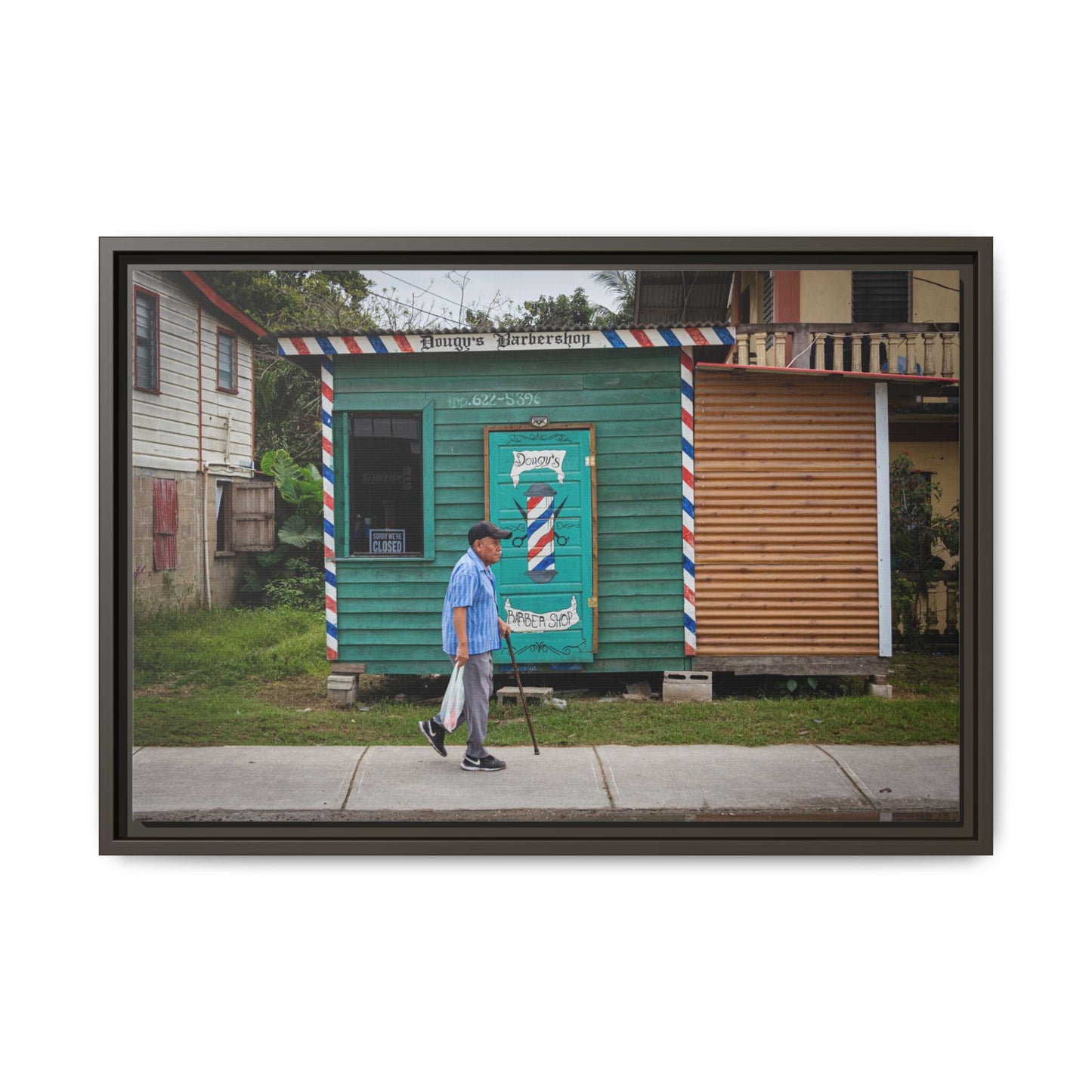 San Ignacio Street Scene Matte Canvas Print — Framed Belize Barber Shop Artwork