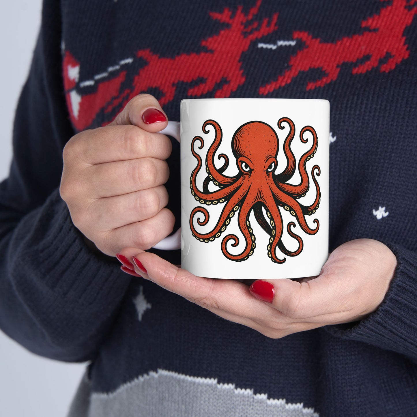 Octopus Ceramic Mug - Nautical Red Octopus Coffee Cup (11oz/15oz)