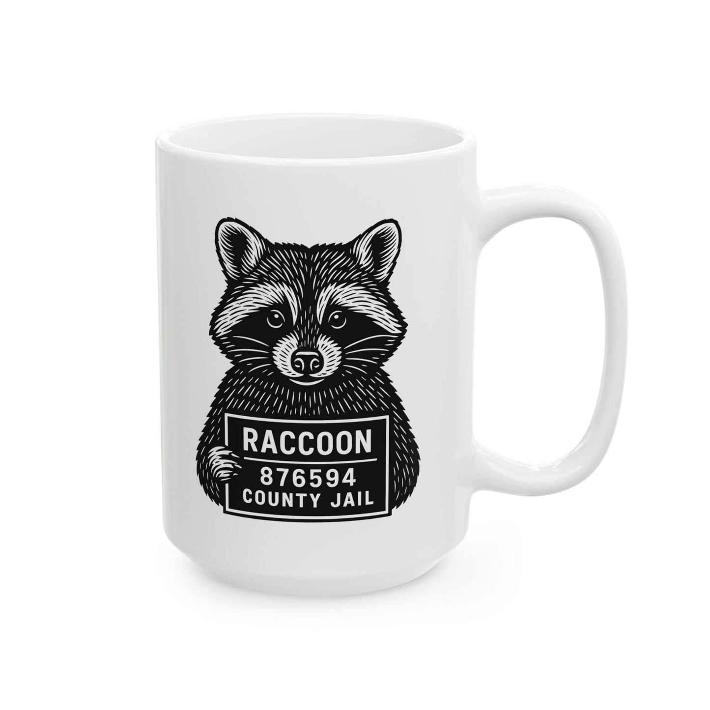Raccoon Mugshot Ceramic Mug — Cute Hand-Drawn Raccoon Coffee Cup (11oz & 15oz)