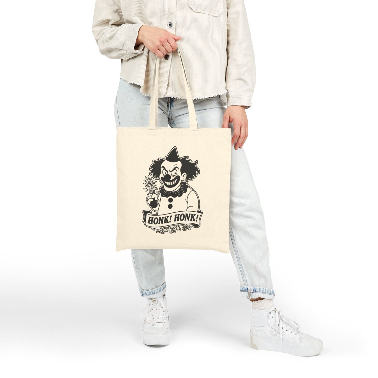 Creepy Clown Retro Canvas Tote Bag — "Honk! Honk!" Graphic Cotton Tote