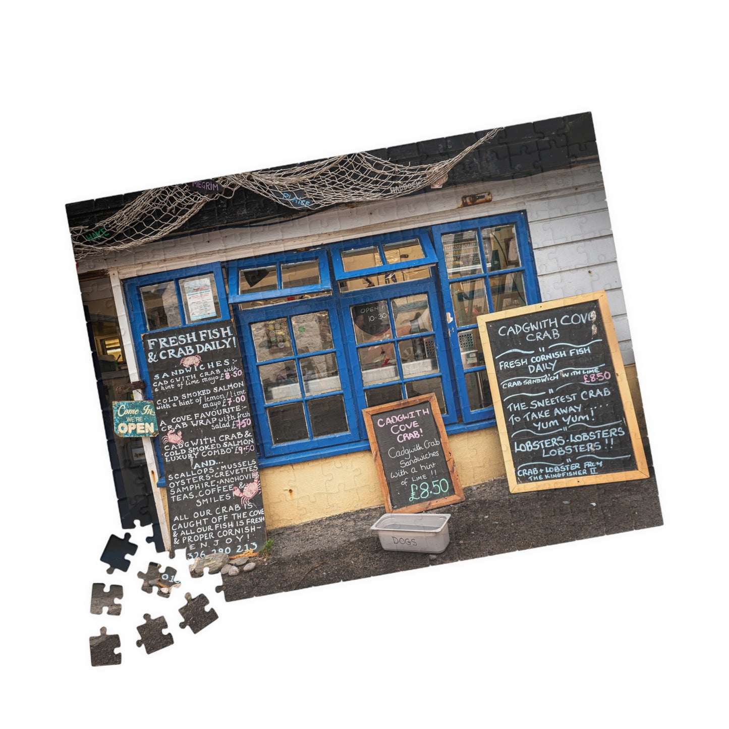 Cadgwith Cornwall UK Fish Shop Jigsaw Puzzle - Coastal Chalkboard Menu Scene (110–1014 pcs)