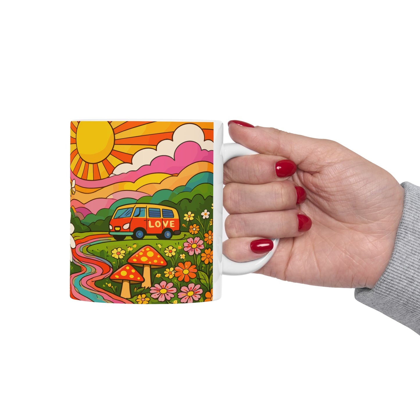 Retro Daisy Sunrise Ceramic Mug — 11oz & 15oz Groovy Floral Coffee Cup