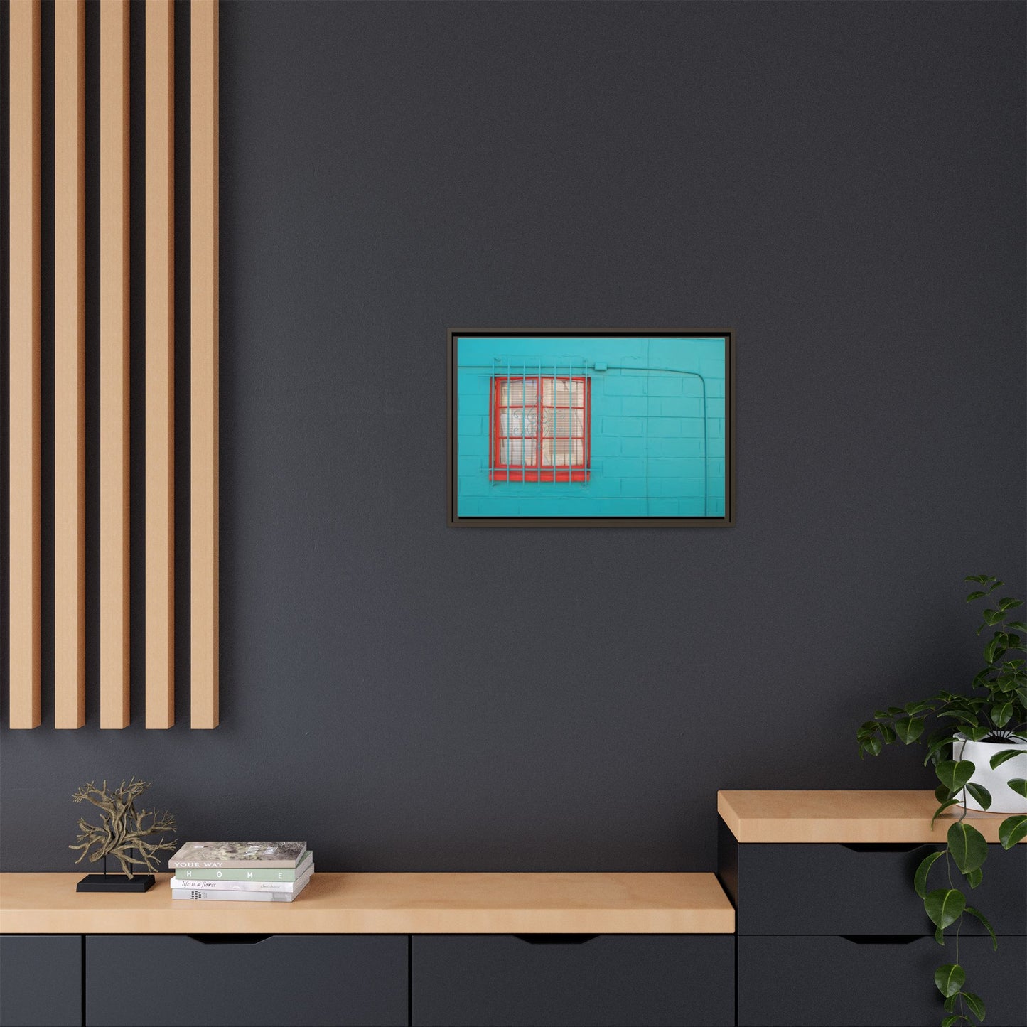 Framed Matte Canvas Print — Turquoise Wall with Red Window