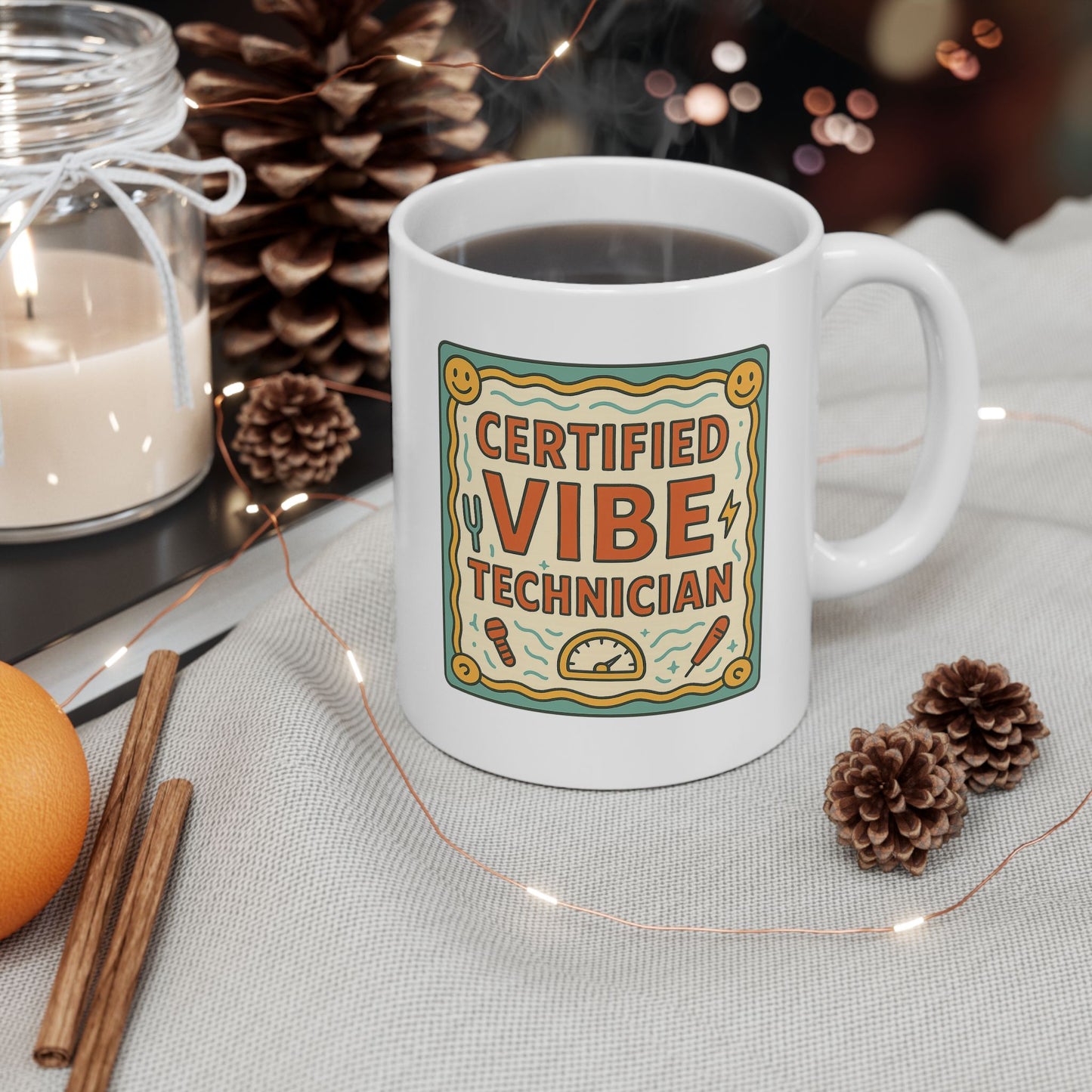 Ceramic Mug — Retro Smiley 'Good Vibes' Coffee Cup (11oz/15oz)