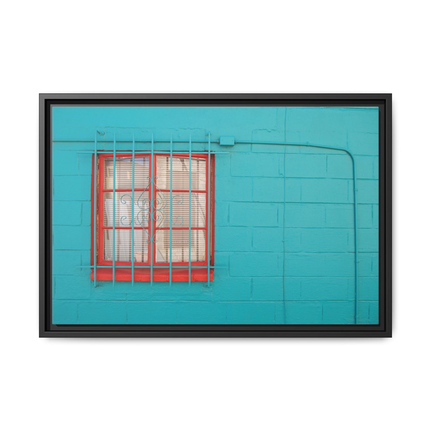 Framed Matte Canvas Print — Turquoise Wall with Red Window