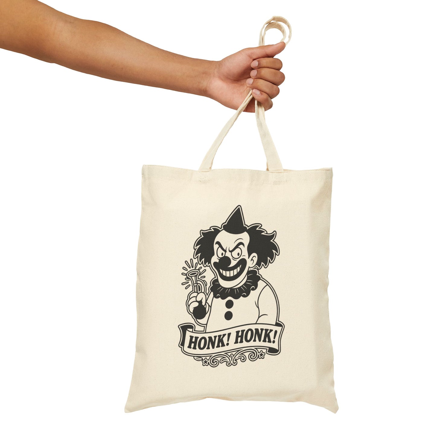 Creepy Clown Retro Canvas Tote Bag — "Honk! Honk!" Graphic Cotton Tote