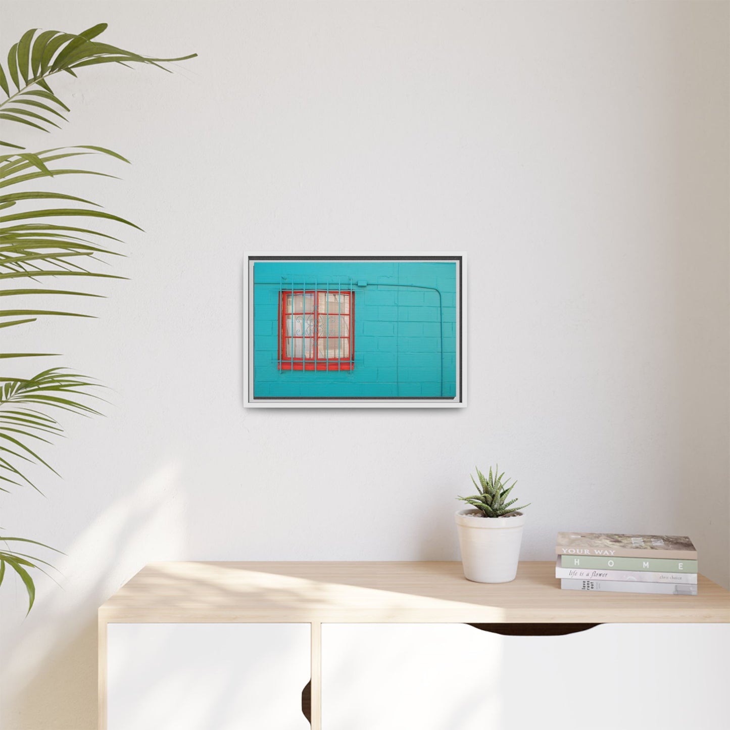 Framed Matte Canvas Print — Turquoise Wall with Red Window
