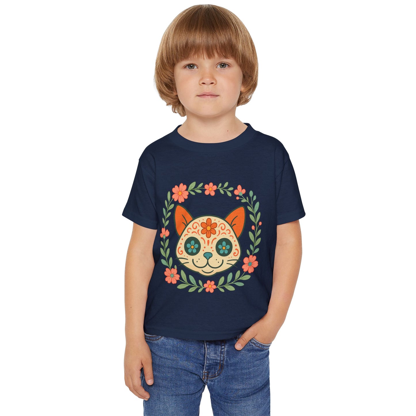 Sugar Skull Cat Toddler T-Shirt — Floral Day of the Dead Kids Tee