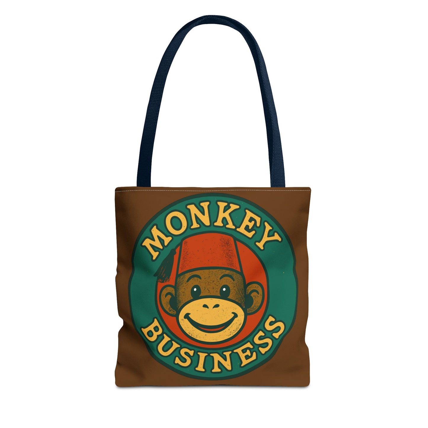 Monkey Business Tote Bag | Retro Monkey Logo, Brown All-Over Print
