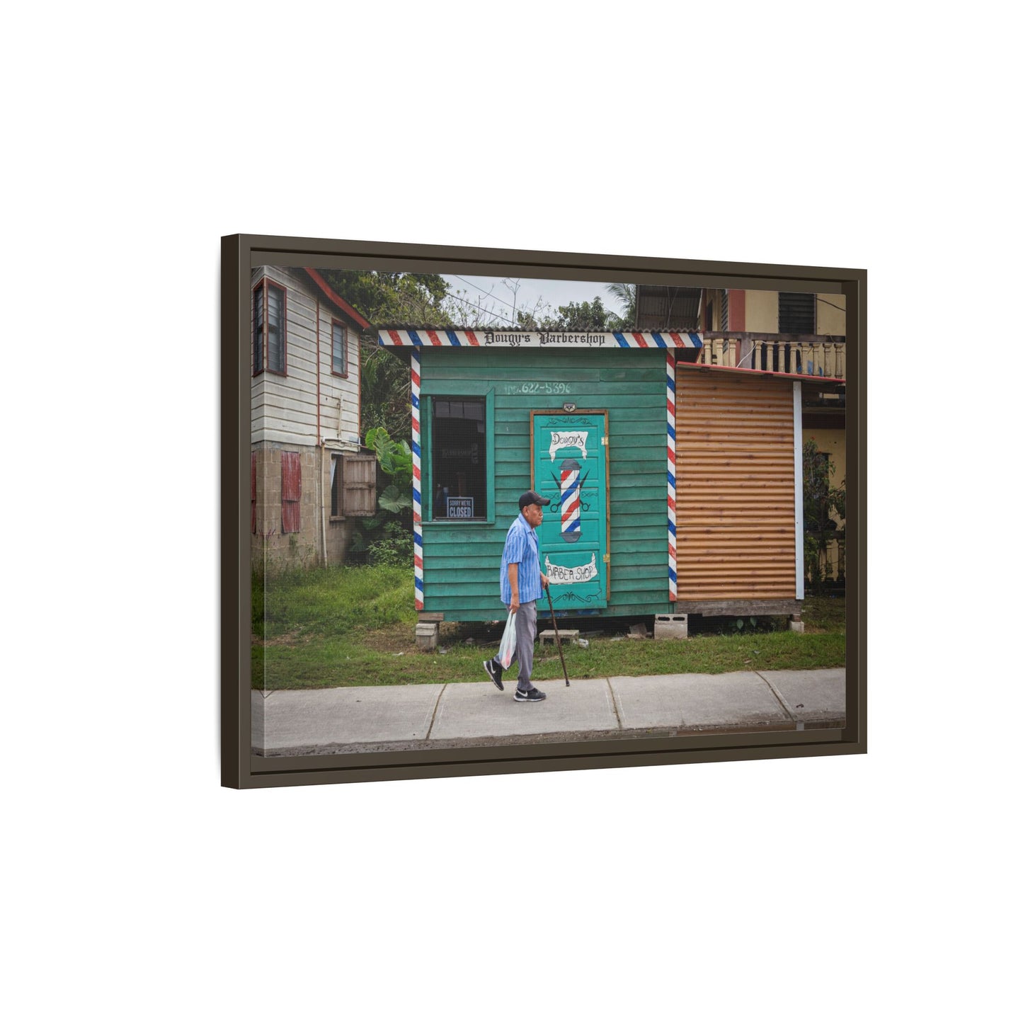 San Ignacio Street Scene Matte Canvas Print — Framed Belize Barber Shop Artwork